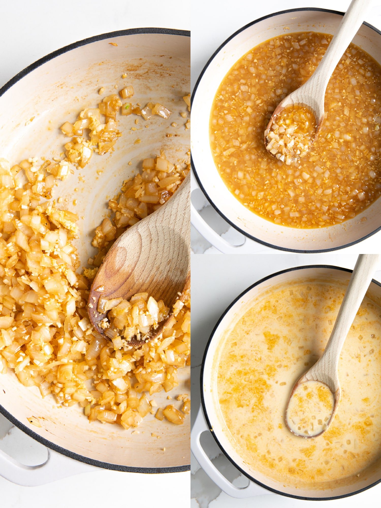 Three images showing the step-by-step process to make homemade creamy coconut milk sauce with fresh lime juice.