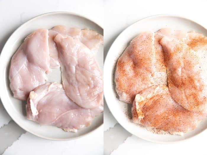 Thinly sliced chicken breasts on a white dinner plate - one image shows them before being seasoned and the other shows then seasoned with salt, paprika, onion and garlic powder.