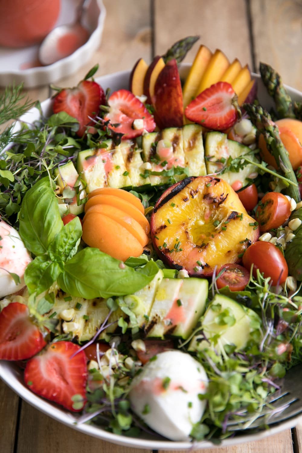 Grilled Peach, Corn, Zucchini and Asparagus Summer Salad with Strawberry Vinaigrette
