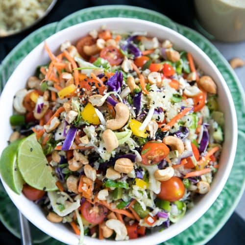 Thai Cashew Coconut Cauliflower Rice Chopped Salad with Ginger Peanut Dressing