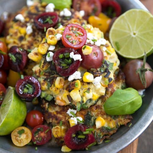corn and goat cheese fritters with cherry and tomato salsa