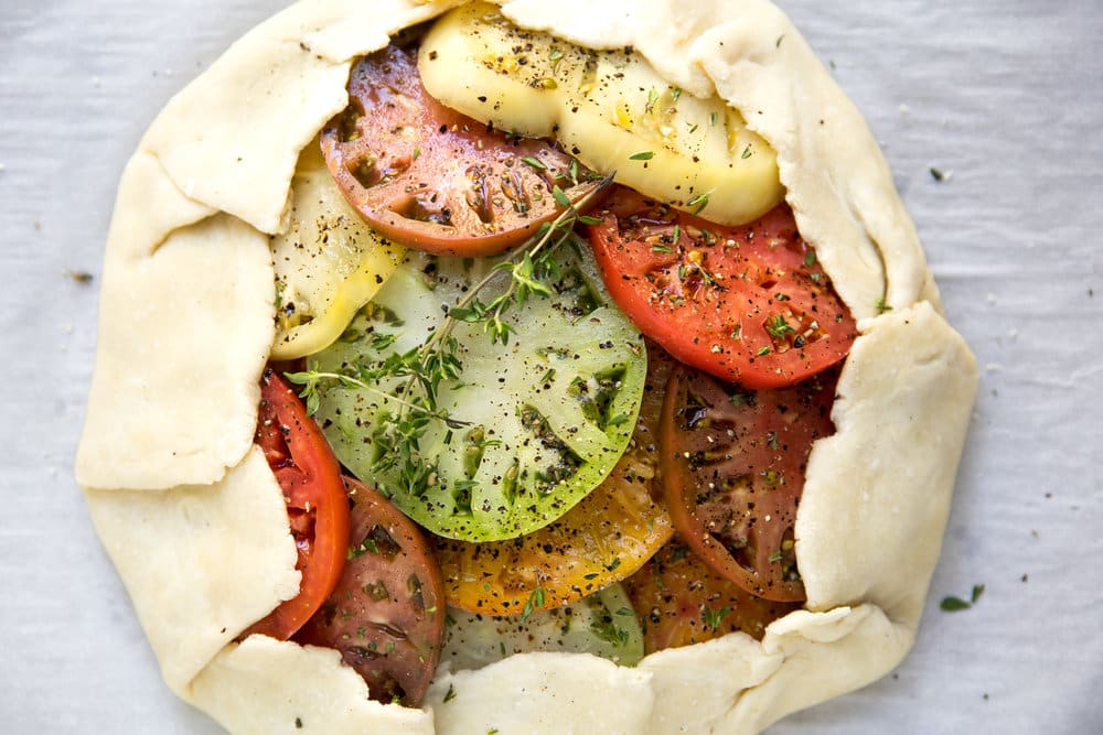 overhead photo of uncooked Heirloom Tomato Galette