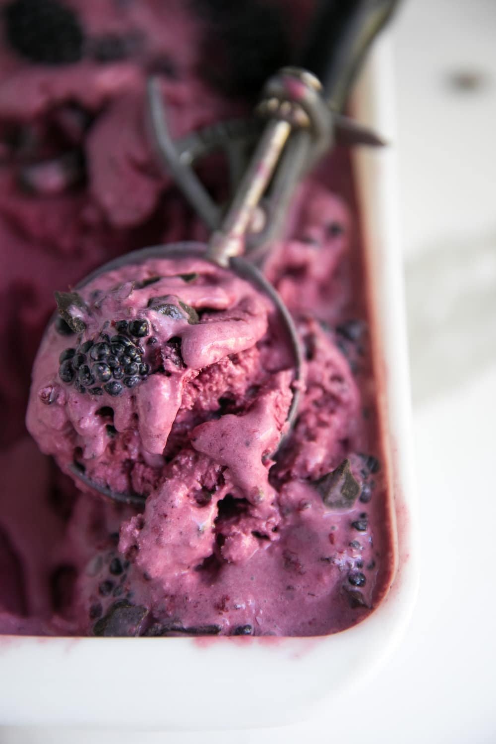 A close up of a piece of chocolate cake on a plate, with Blackberry and Cream