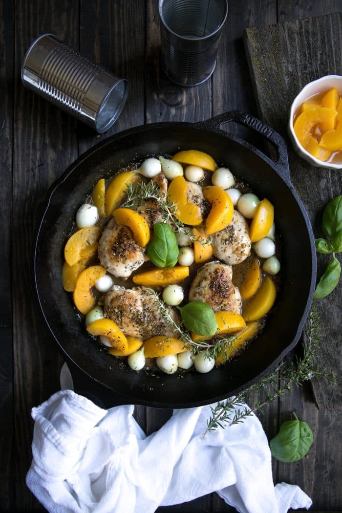 30 Minute Peach and Chicken Skillet with Pearl Onions