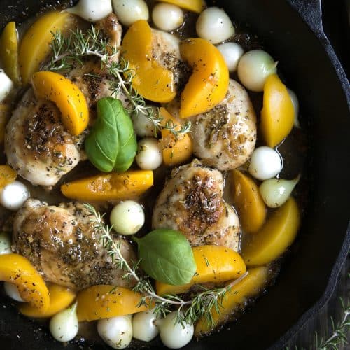 A bowl of food, with Chicken and Peach