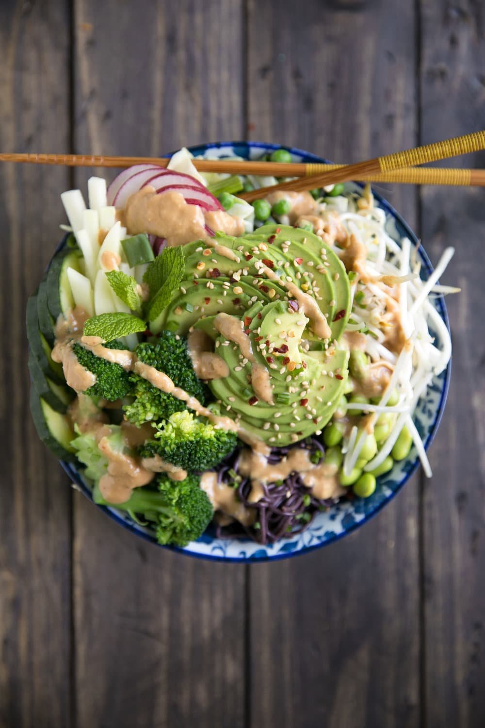 A plate of food with broccoli, with Miso and Ramen