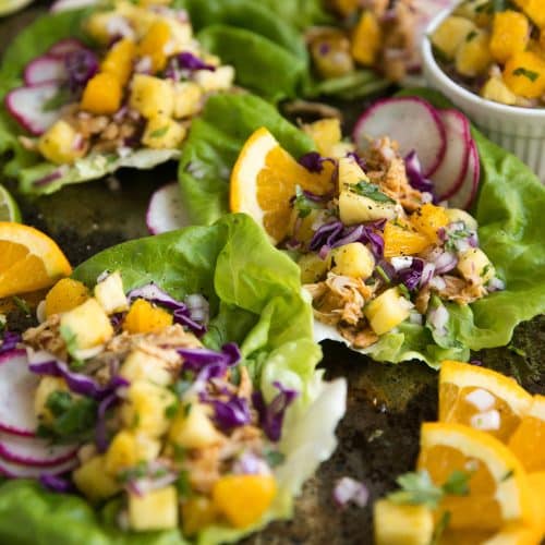 Slow Cooker Pineapple Pulled Chicken Taco Lettuce Wraps