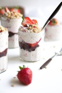 A close-up strawberry overnight yogurt oats