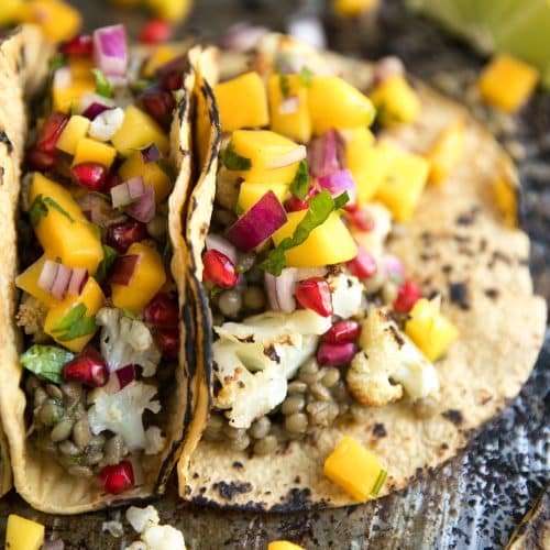 A bunch of different tacos, with Cauliflower and Lentil