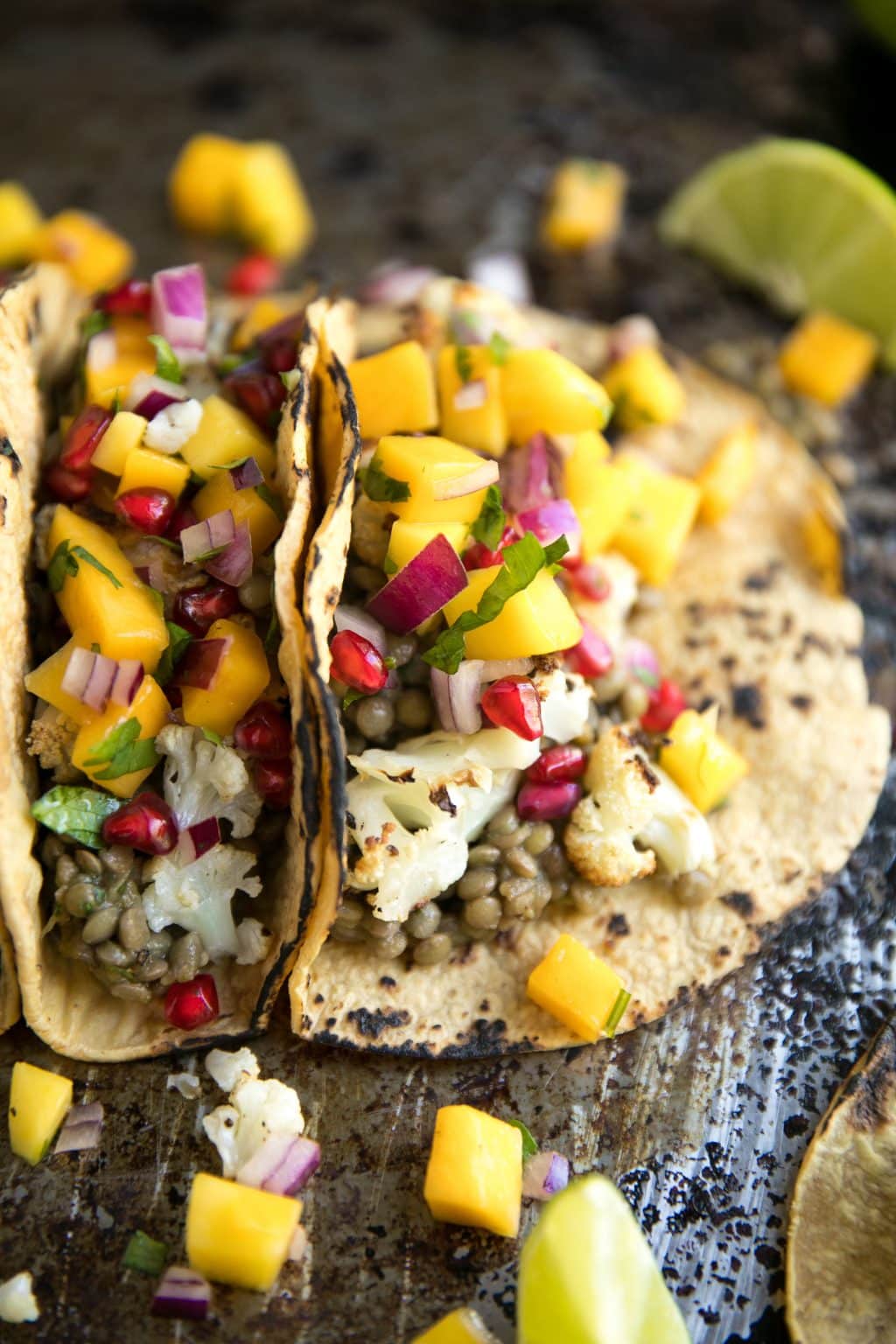 Salsa Verde Cauliflower and Lentil Tacos with Mango Pomegranate Salsa