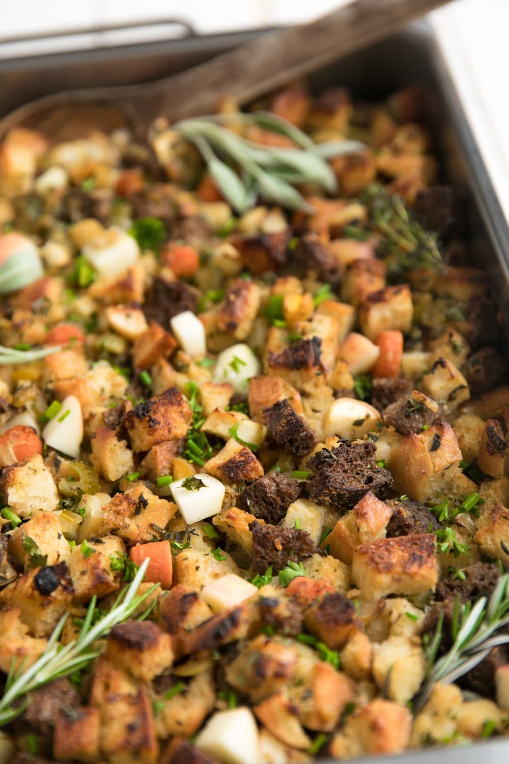 diagonal photo of Herbed Apple and Pumpernickel Stuffing
