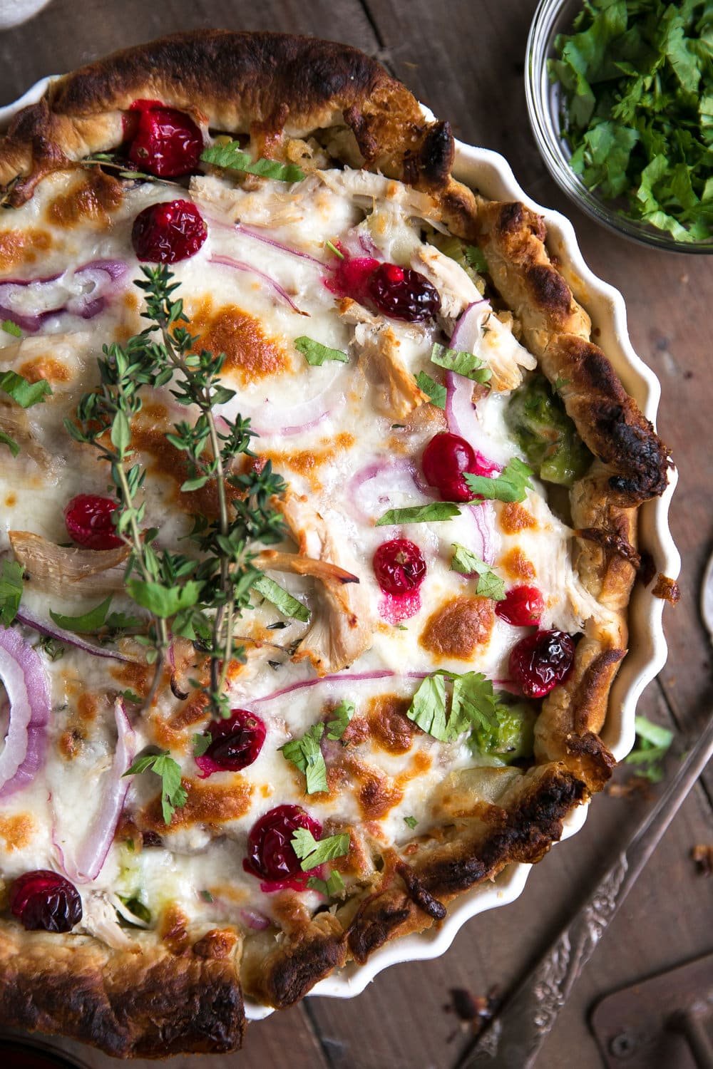 When Thanksgiving leftovers, bbq pizza, and pie make a baby you get this (better than Thanksgiving dinner) Cranberry BBQ Thanksgiving Leftovers Turkey Pizza Pie.