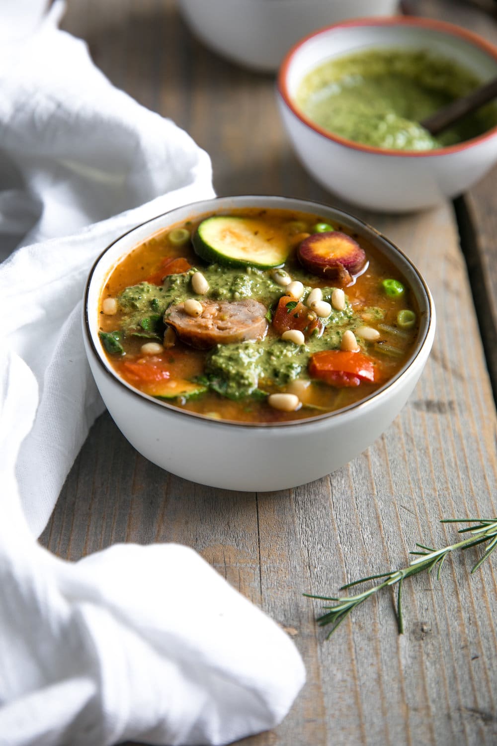 Sausage and Vegetable Soup with Easy Basil Pesto. Filled with fresh vegetables and juicy sausage, this delicious and colorful Sausage and Vegetable Soup is topped with Easy Basil Pesto.