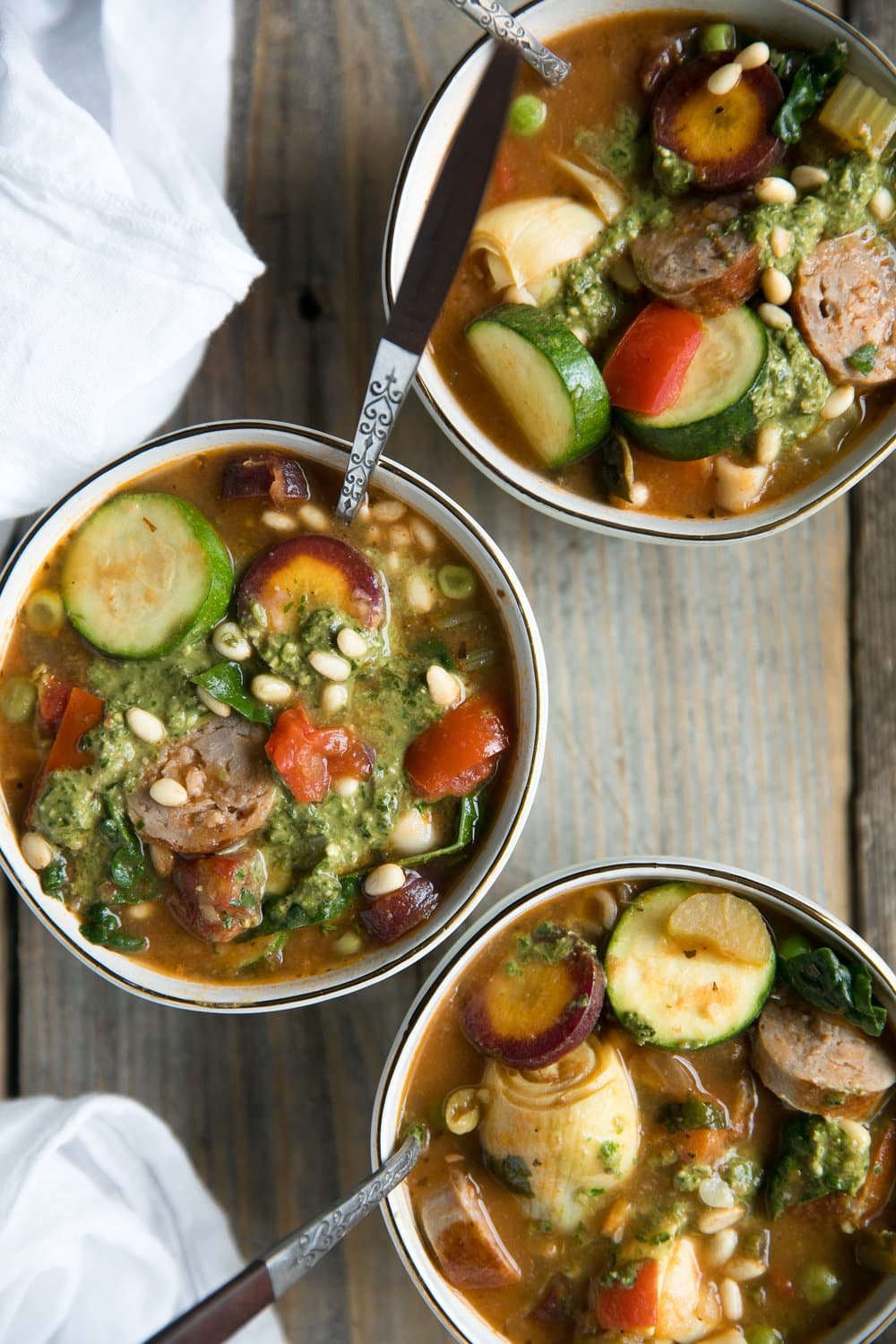 Sausage and Vegetable Soup with Easy Basil Pesto. Filled with fresh vegetables and juicy sausage, this delicious and colorful Sausage and Vegetable Soup is topped with Easy Basil Pesto.