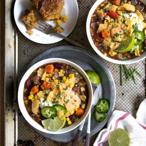 Bowls filled with slow cooker vegetarian chili
