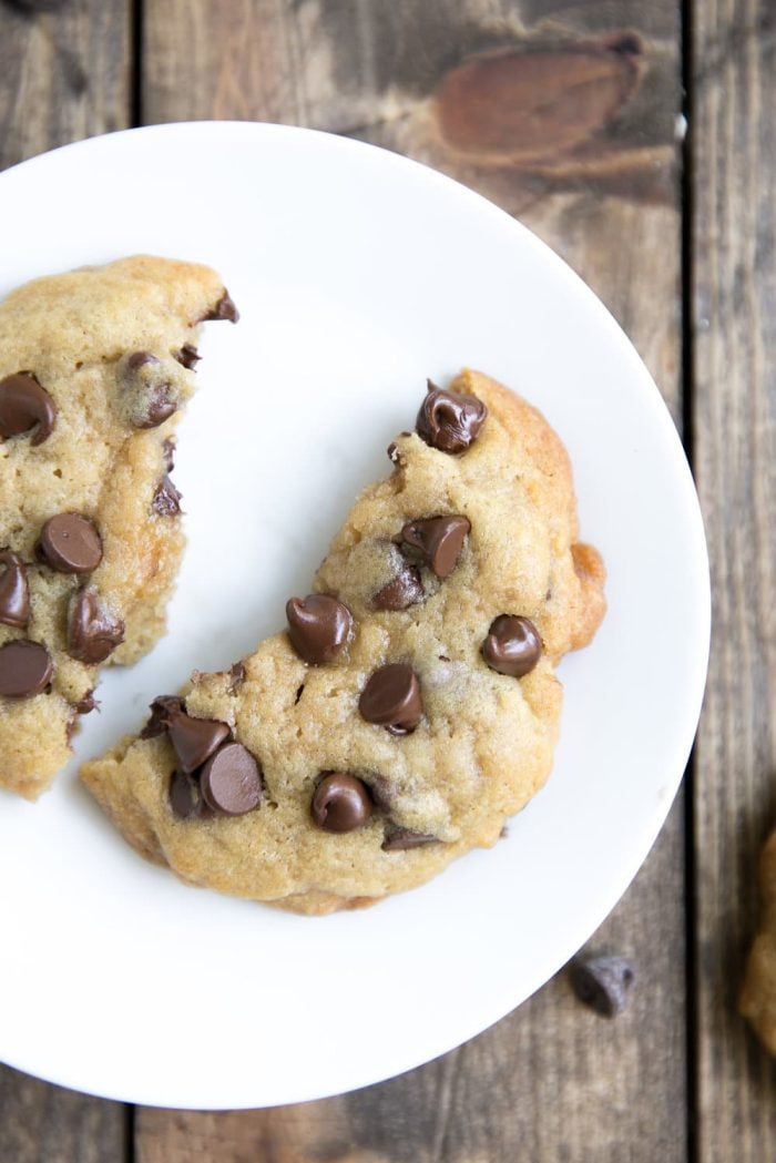 A plate of a browned butter chocolate chip cookie