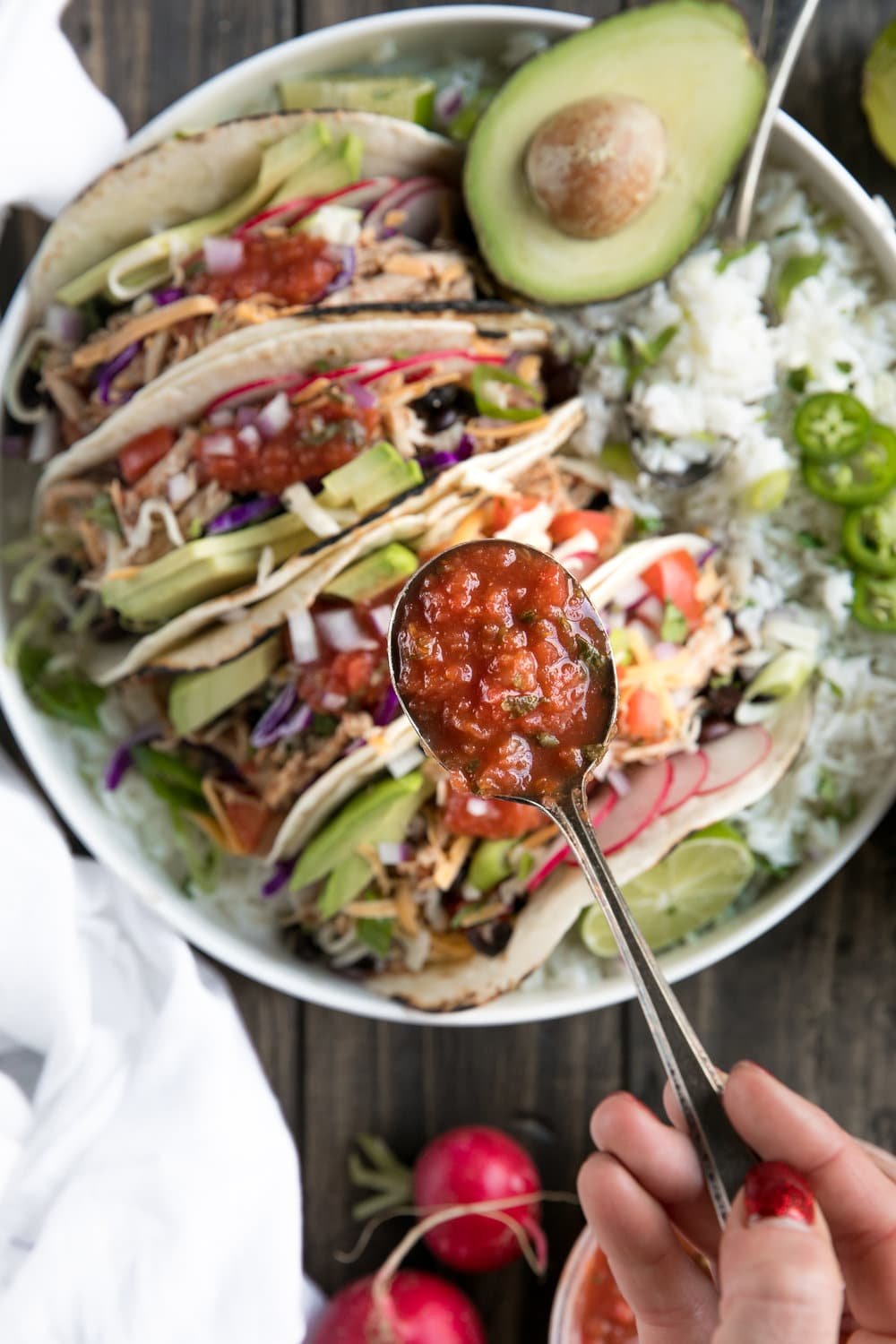 30 Minute Instant Pot Shredded Salsa Chicken Tacos with Cilantro Lime Rice, Shredded Cheese, and Black Beans (+ Video)