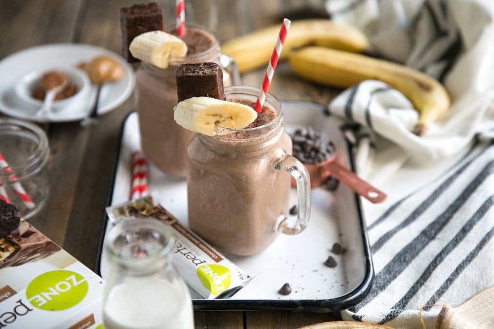 Peanut Butter and Chocolate Milkshake made with Banana, cocoa powder, peanut butter, yogurt, and Chocolate ZonePerfect Nutrition Bars