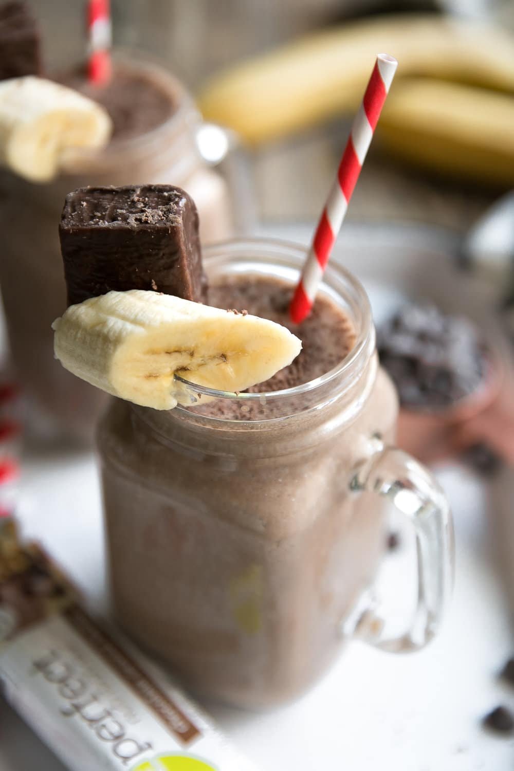 Peanut Butter and Chocolate Milkshake made with Banana, cocoa powder, peanut butter, yogurt, and Chocolate ZonePerfect Nutrition Bars