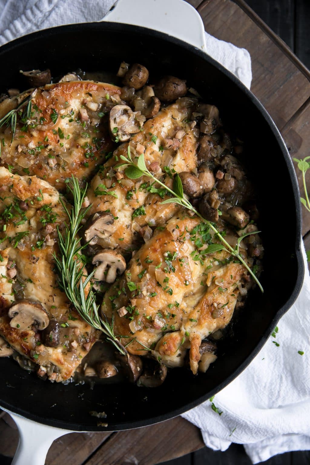 Easy One Skillet Chicken Marsala with salty Pancetta and Mushrooms