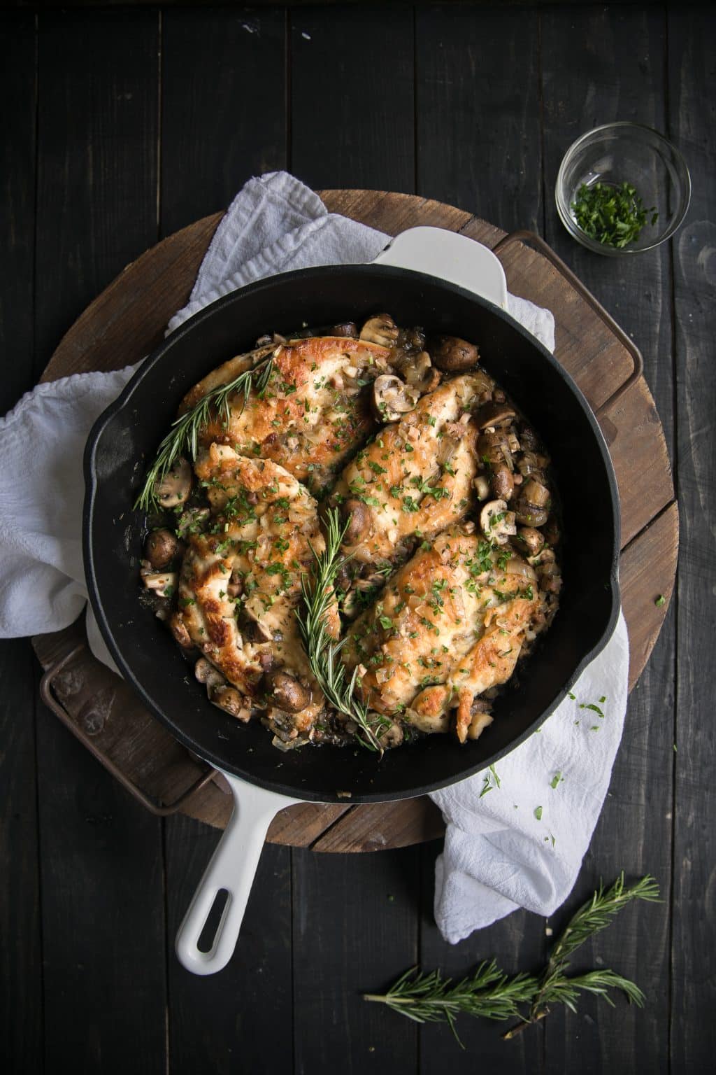 Easy One Skillet Chicken Marsala with salty Pancetta and Mushrooms