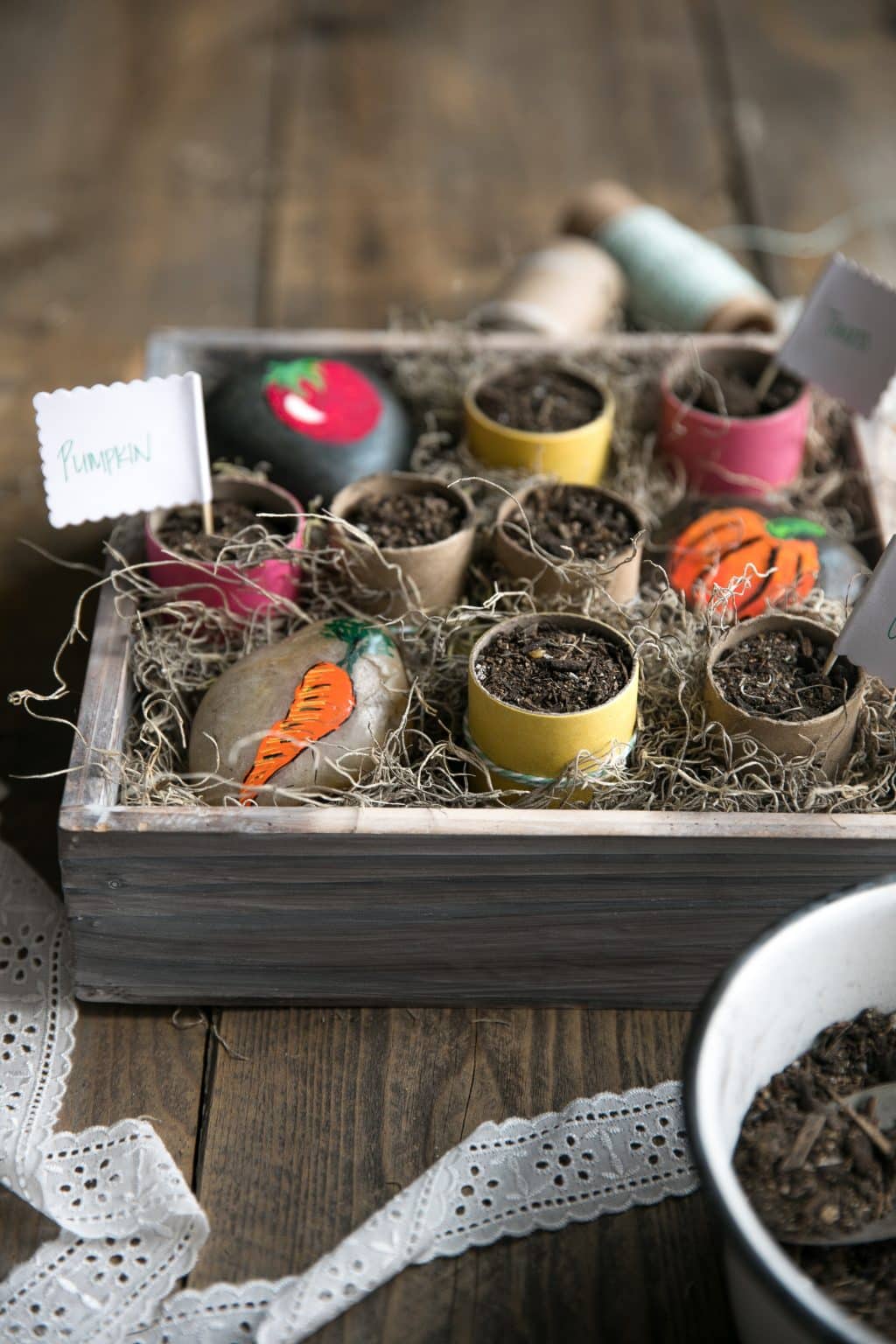 DIY Upcycled Toilet Paper Seedling Pots and Painted Stone Garden Markers