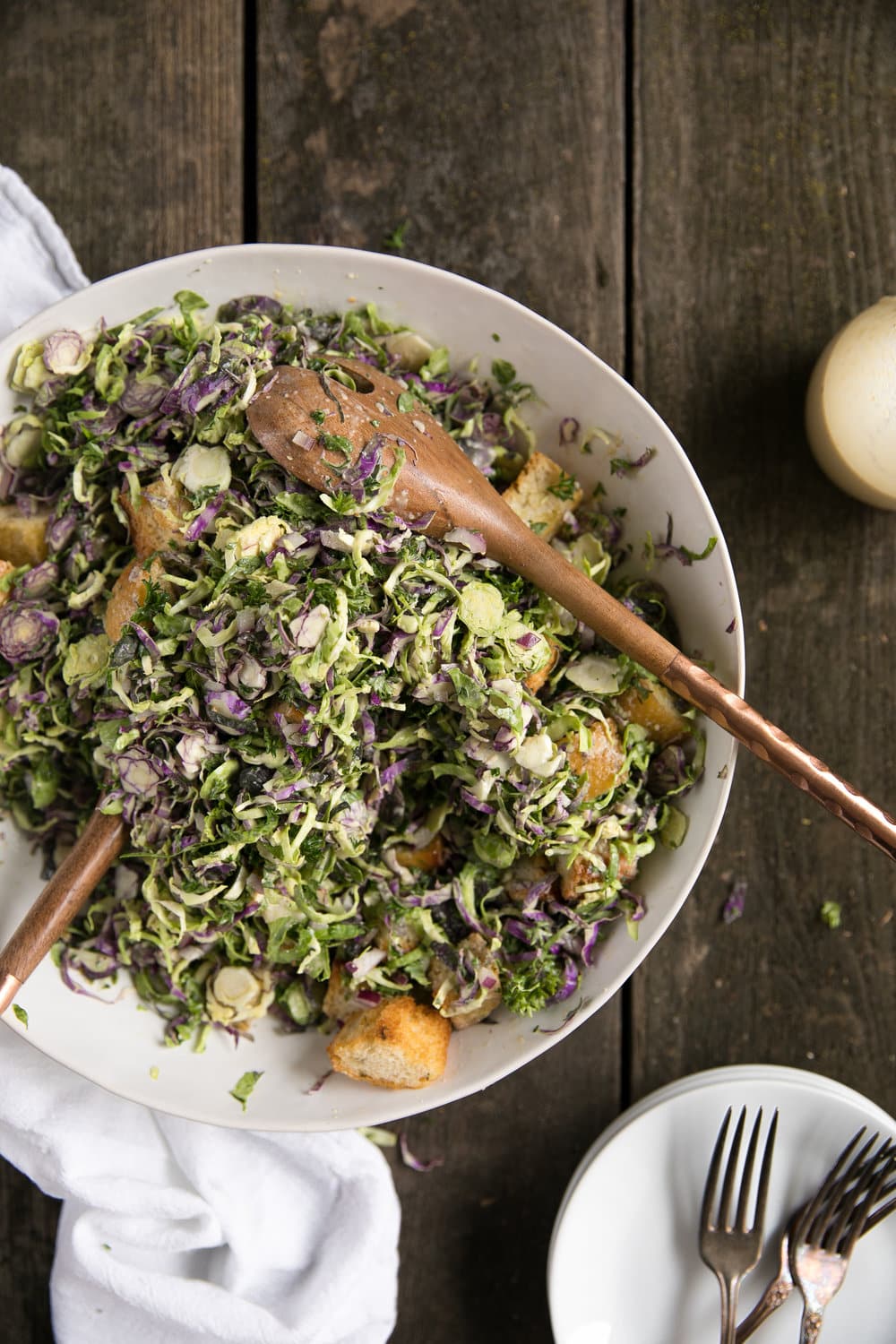 Shredded Brussels Sprouts Caesar Salad with Homemade Croutons and Homemade Creamy Caesar Salad Dressing