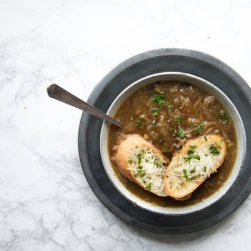 Easy Six Onion Soup with Baked Parmesan Crisps