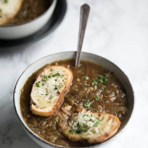 Easy Six Onion Soup with Baked Parmesan Crisps
