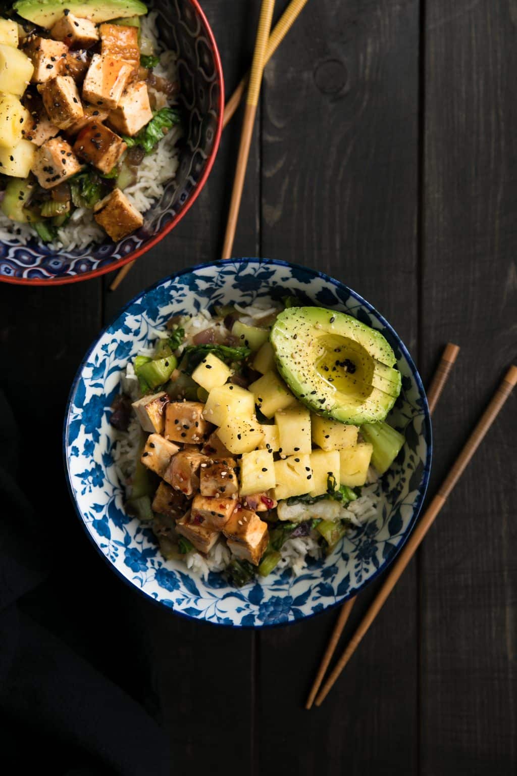 Tofu smothered in Sweet Chili Sauce with coconut rice, sautéed bok choy, pineapple and creamy avocado.