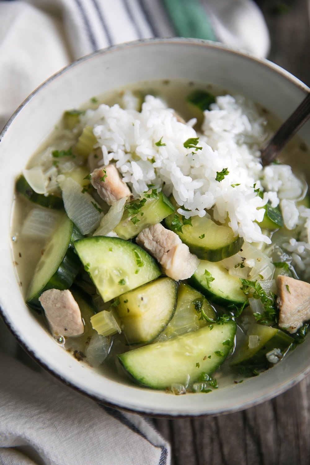 Cambodian Pork and Cucumber Soup with onion and rice