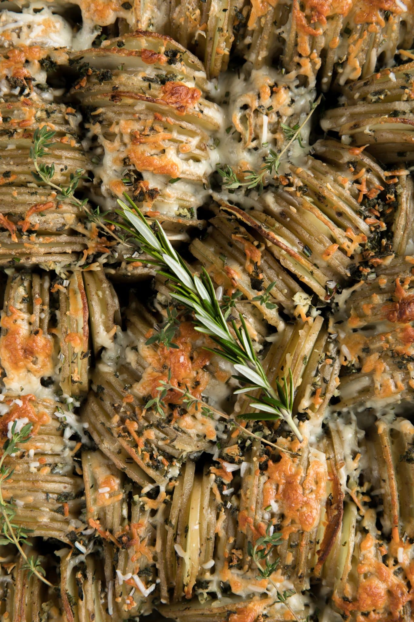 Baking pan filled with thinly sliced potatoes layered with garlic, herbs, butter, and cheese and baked until tender and crispy.