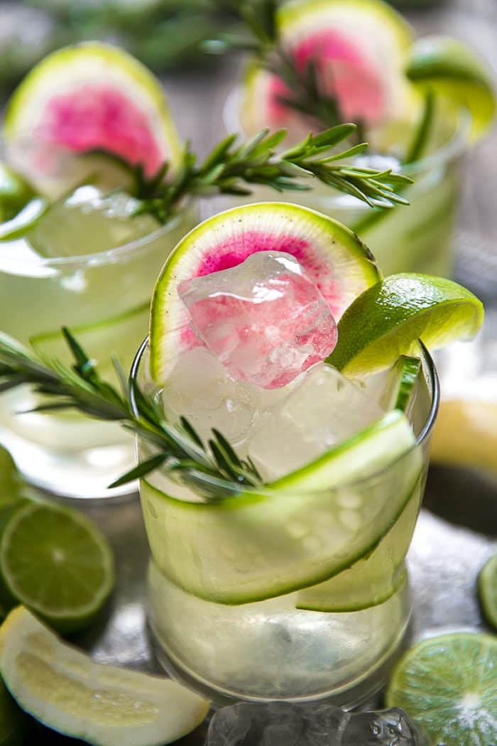 Cucumber Rosemary Gin and Tonic. Easy Cucumber, Rosemary, and Watermelon Radish Gin & Tonic (aka "The Drunk Cucumber) 