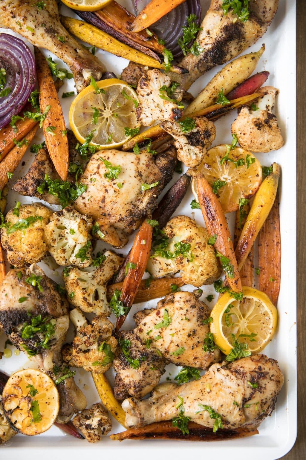 Sumac Chicken with Lemony Roasted Carrots, Cauliflower and Onion close up