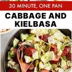 A step-by-step layout showing ingredients and a finished plate of kielbasa and cabbage with beans and rice, perfect for busy weeknight dinners.