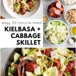 Flat lay of a skillet and ingredients used for a quick kielbasa and cabbage dinner with only 5 ingredients, ideal for meal prep or beginner cooks.
