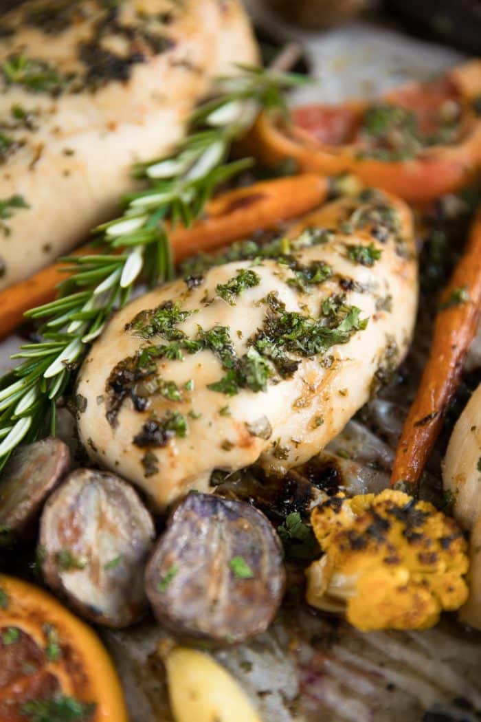 Dinnertime will be a breeze thanks to this healthy and delicious Herb Grapefruit Sheet Pan Chicken with Roasted Vegetables.