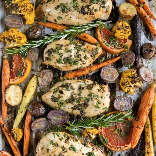 Dinnertime will be a breeze thanks to this healthy and delicious Herb Grapefruit Sheet Pan Chicken with Roasted Vegetables.
