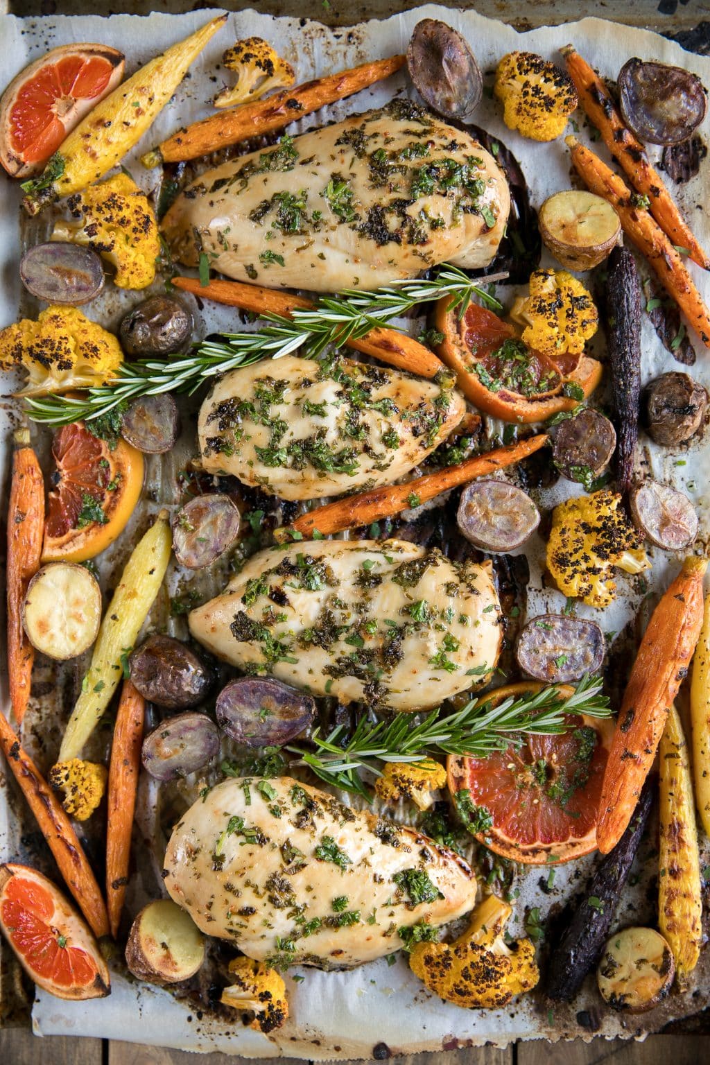 Herb Grapefruit Sheet Pan Chicken with Roasted Vegetables