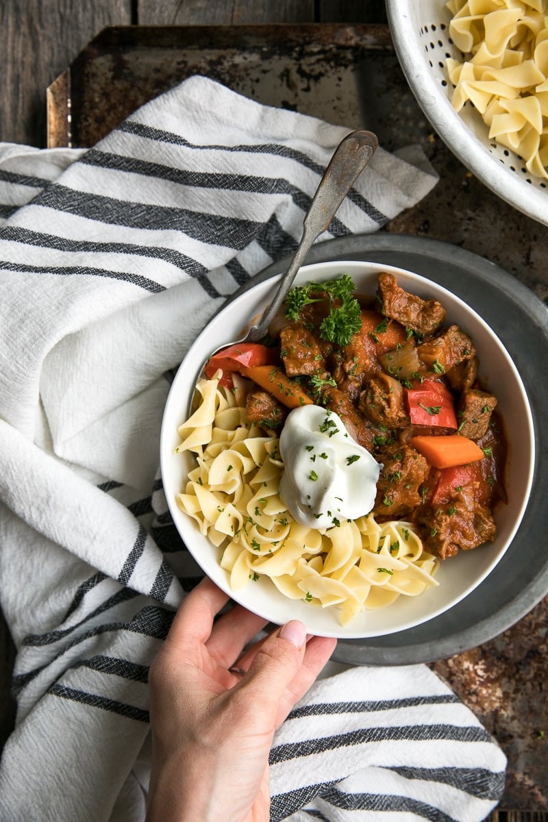 Overhead image of white bowl filled with egg noodles and Hungarian goulash