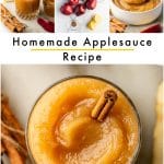 Vertical Pinterest image showing thick golden-brown homemade applesauce in a round white ceramic bowl with a wooden spoon lifting a large spoonful from the center. Red apples and apple pieces appear in the background, with a small white bowl of ground cinnamon at the left and cinnamon sticks tied with twine at the lower left. A red apple wedge sits at the lower right. A large white text box at the top reads "Easy Homemade Applesauce Recipe" in black lettering with a thin yellow line between the two lines of text. "THEFORKEDSPOON.COM" appears in black text along the bottom. No garnish is added directly to the applesauce.