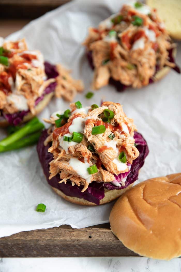 Shredded Buffalo Chicken on a Hamburger Bun