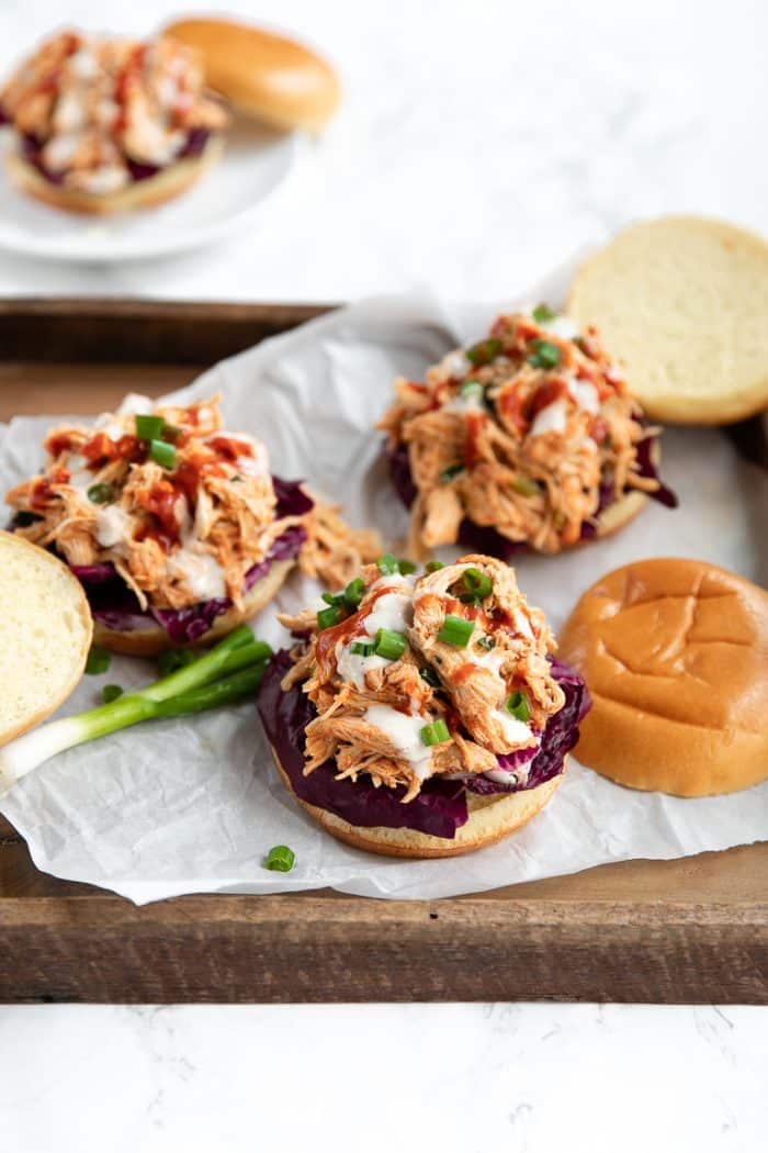 Shredded Chicken Sandwiches with cabbage and Buffalo Wing Sauce