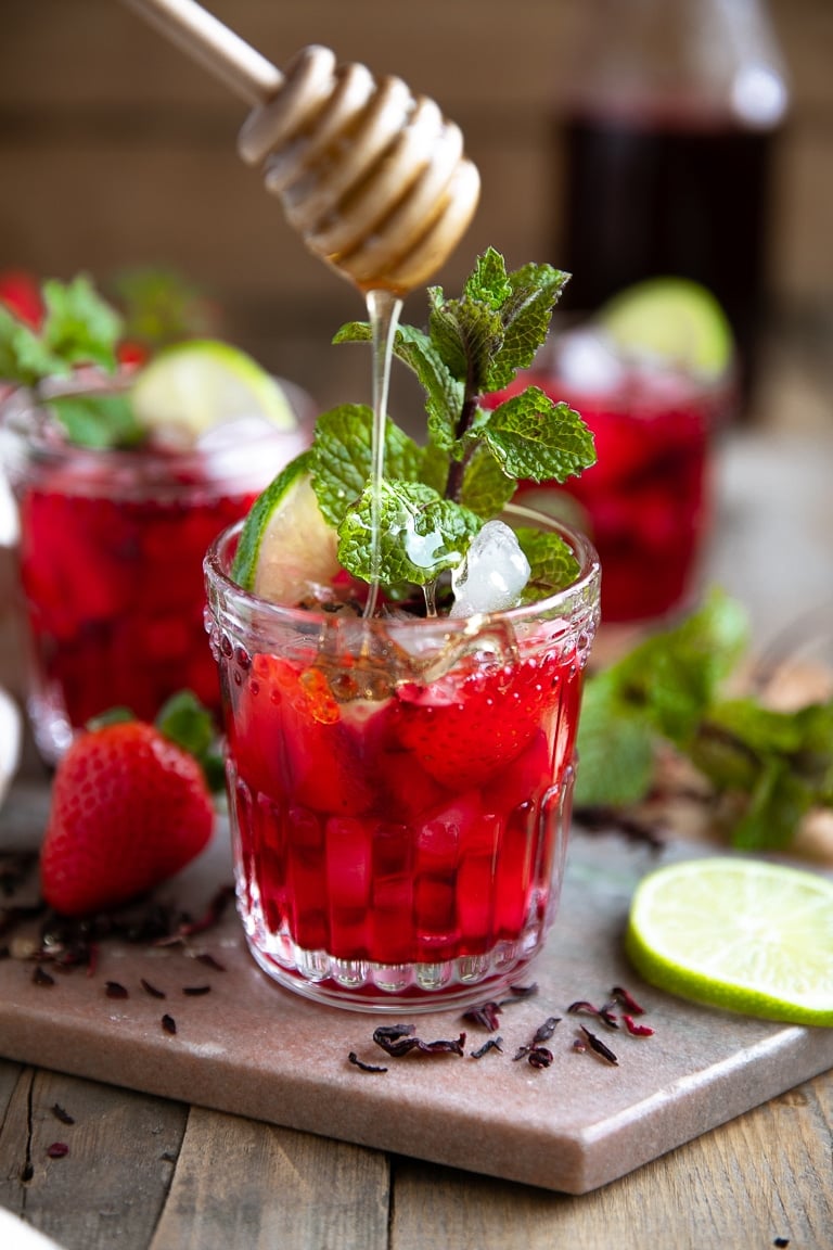 Strawberry Honey Hibiscus Iced Tea - The Forked Spoon