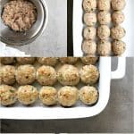 Step-by-step collage showing the process for making and freezing meatballs: mixing the meatball mixture in a bowl, shaping and arranging raw meatballs in a baking dish, baking until golden, cooling, and transferring the cooked meatballs into a labeled freezer bag for storage.