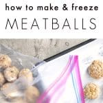 Step-by-step process for making and freezing homemade meatballs, showing uncooked meatballs on a baking sheet, baked meatballs, and transferring cooled meatballs into a labeled freezer bag.