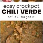 Pinterest Pin for the best slow cooker Chili Verde recipe with three images and text overlay showing Chili Verde in a large Crockpot featuring tender, slow-cooked pork in a vibrant green salsa verde sauce and assembled tacos with shredded red cabbage and pico de gallo.