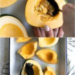 Step-by-step process of how to cook acorn squash, showing scooping out seeds, brushing with oil, and roasting until golden brown in a baking dish.