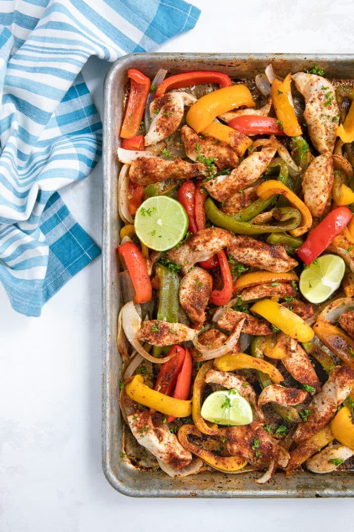 Prepared Sheet Pan Chicken Fajitas with bell pepper and onion