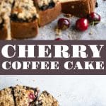 Sliced cherry coffee cake topped with a buttery crumble and fresh cherries, arranged in a circle on a light gray surface, with scattered whole cherries for garnish.